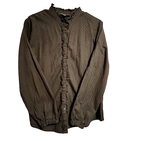 Jones New York Signature black button down, small ruffles alongside buttons - Picture 1 of 8